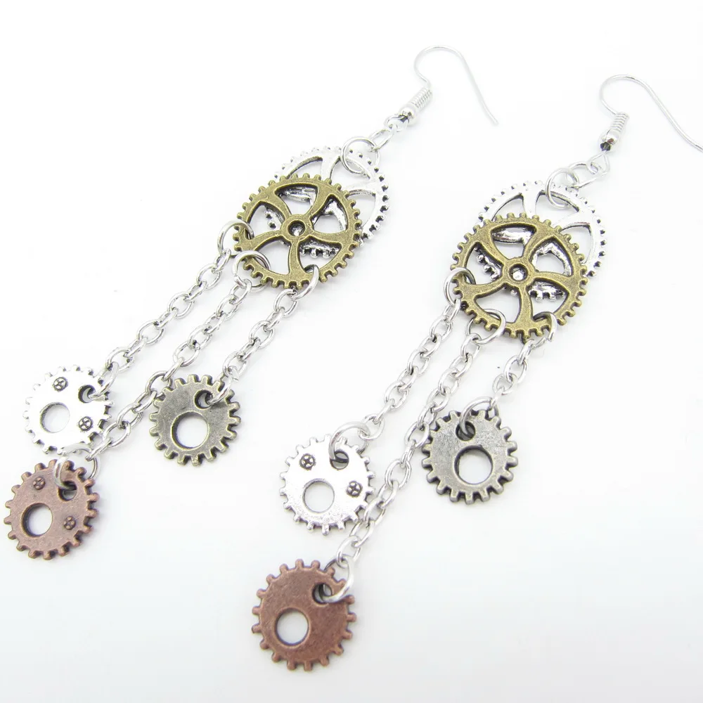 Cykopv The Original Design Gears and Chain Tassels Steampunk Fashion Earring