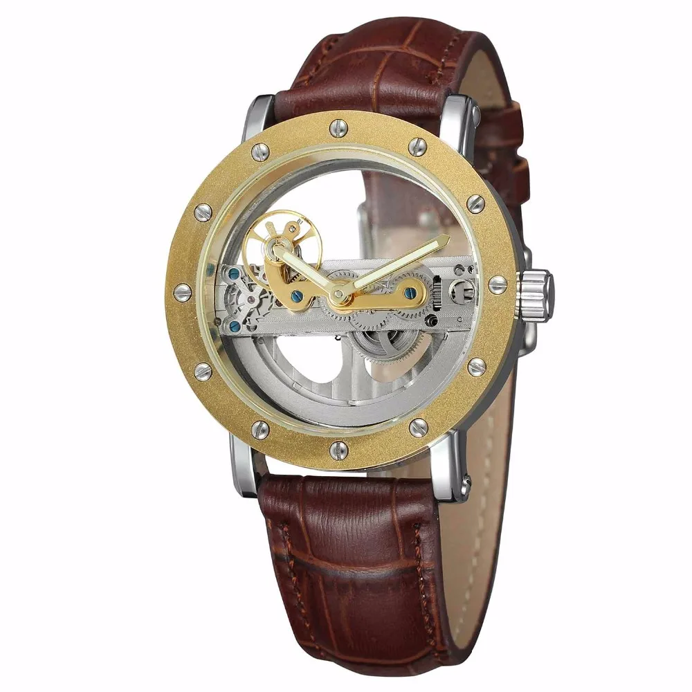 

New Luxury Transparent Tourbilion Dial Golden Case Skeleton Steampunk Automatic Self Wind Mechanical Mens Watch Brown Leather