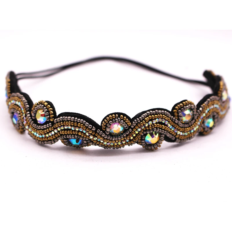 Ethnic Brown Seed Beads Headband Vintage beads Geometric Braided Hairband Elastic Headband Hair Accessories