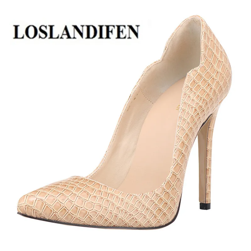 LOSLANDIFEN Women's Pump 11cm Thin High Heels Wave Edges Wedding Shoes Zapatos Mujer Crocodile skin Pattern Patent Leather Shoes