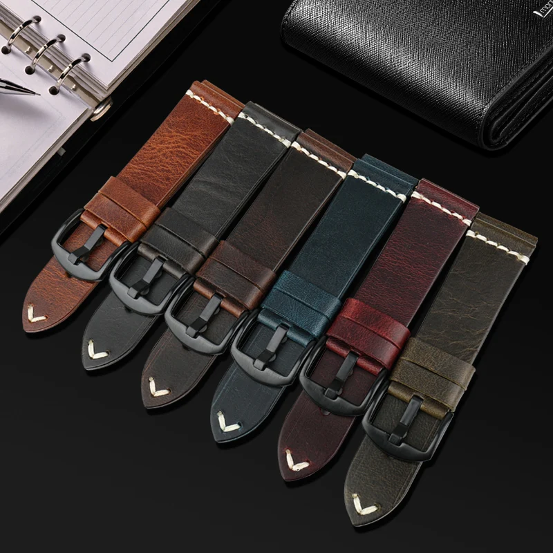 MAIKES New Design Special Oil Wax Cow Leather Watch band 20mm 22mm 24mm Watch Accessories Watch Strap Black Watchband For SEIKO