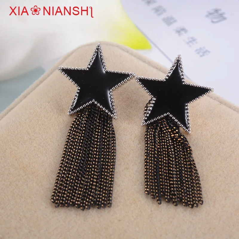 VINTAGE Enamel สีดำต่างหูแฟชั่น FIVE-pointed Star ทองแดงสายไฟยาวต่างหู Star Brincos เครื่องประดับสำหรับผู้หญิง
