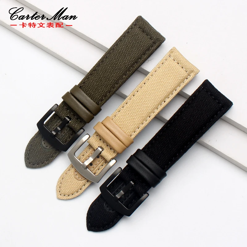 canvas watchband for Timex SEIKO jeep 20mm 22mm 24mm black  khaki army green nylon strap with folding buckle wristband  bracelet