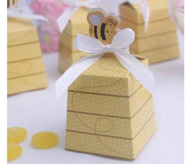 

200PCS/lot! Cute Yellow Honey Bee Candy Box wedding baby shower birthday baptism party candy gift favor box with ribbon