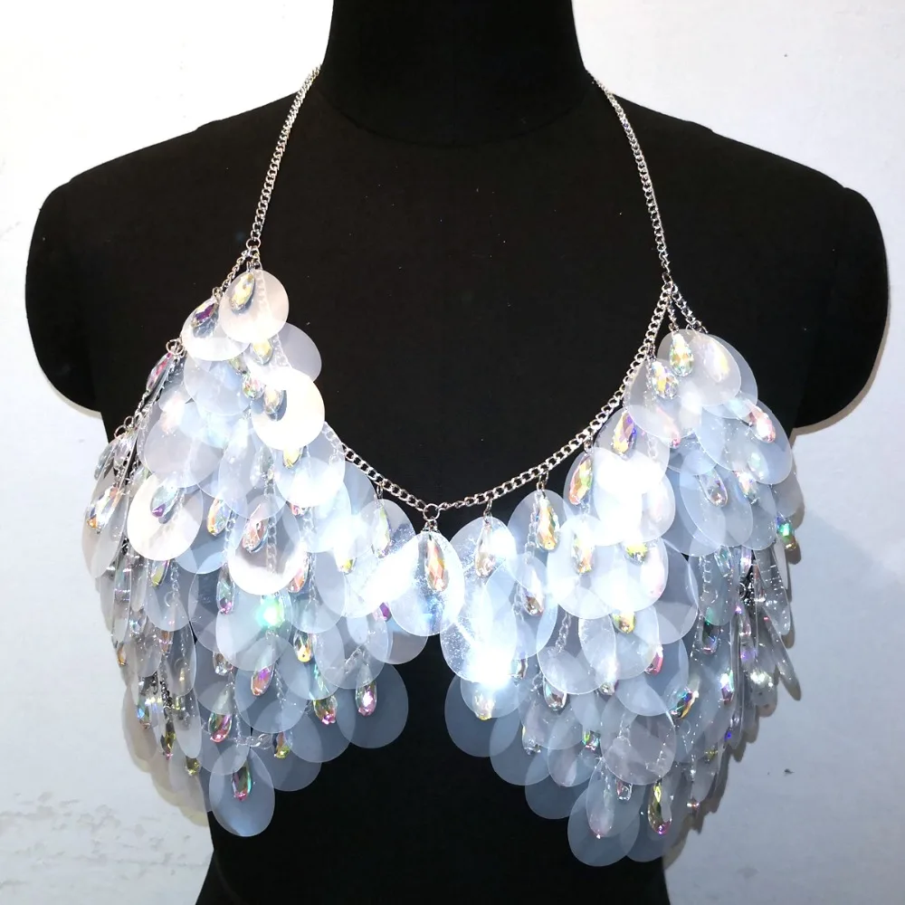 Sequins Disco Exotic Tanks Crop Top Beaded Belly Waist Chain Halter Necklace Rave Bra Festival Costume Wear Party Jewelry CRS606