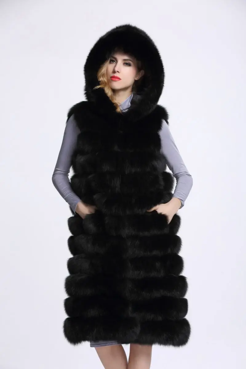 new Brand Long Hood Fur Vest Women Winter Faux Fox Fur Vest Furry Luxury Woman Fake Fur Vest Plus Size Faux Fur High Quality