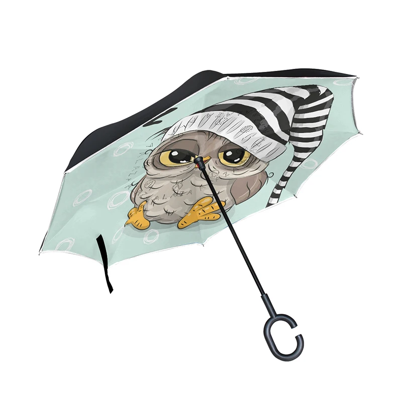 

Sleeping Lovely Owl Folding Reverse Umbrella Double Layer Inverted Windproof Car Rain Women Men Kids Umbrellas C-Hook Hands