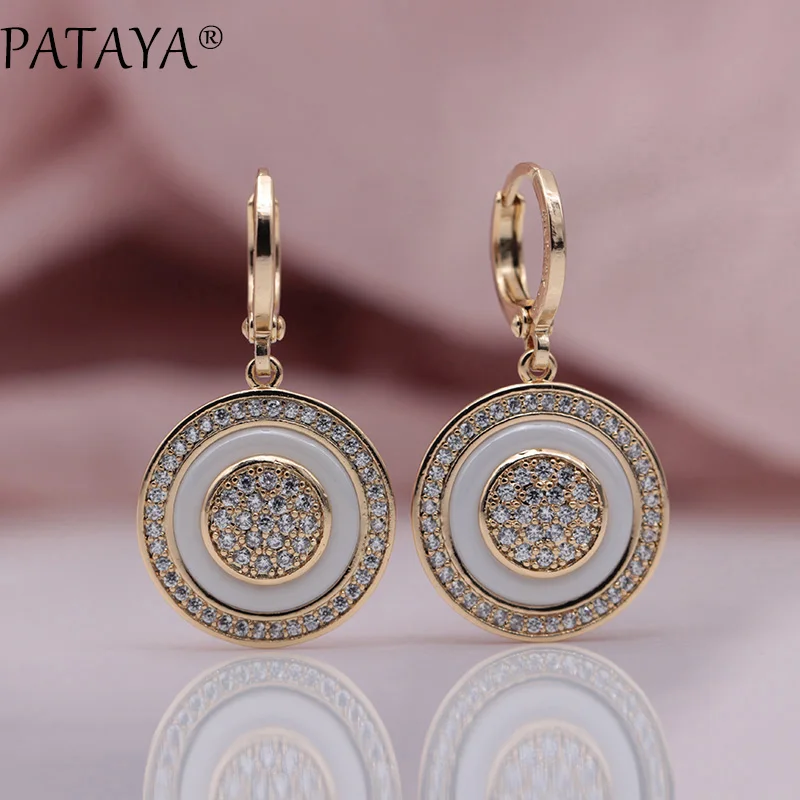 PATAYA New True White Gold Round Natural Zircon Black Ceramic Long Dangle Earrings 585 Rose Gold Color Women Wedding Jewelry