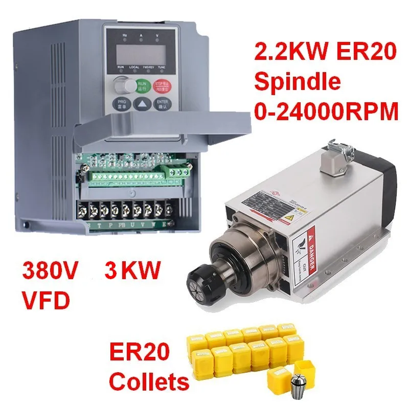 380V 2.2KW 3HP Square Spindle Motor Air Cooled 4 Bearings +3kw VFD inverter + ER20 Collet kit for CNC Engraving Router New