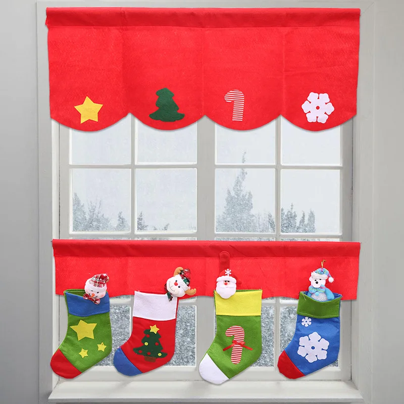 Creative Cartoon Candy Socks Curtain Red Velvet Christmas Decorative Curtains for Window Kitchen Cabinet Door 2pcs/set