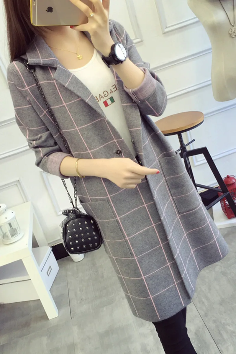 

High Quality Long Cardigan Women Sweater 2017 New Autumn Winter Long Sleeve Knitted Plaid Cardigans Female Tricot Tops