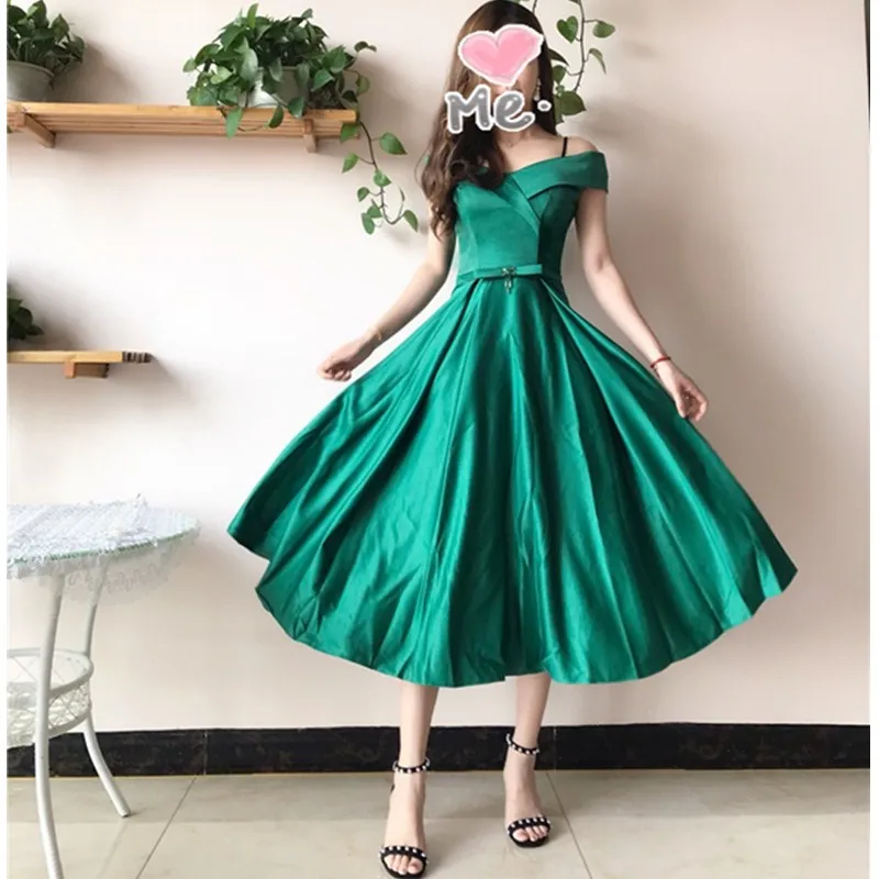 Mbcully 2023 Dark Green Satin Bridesmaid Dresses Sexy Tea Length Formal Wedding Party Dress Cheap Sale Robe demoiselle d'honneur