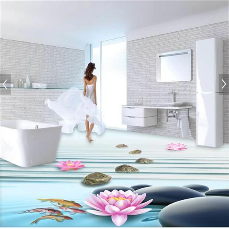 Custom flooring film by square meter for sale width and length calculated fresh pebble lotus 3D bathroom floor