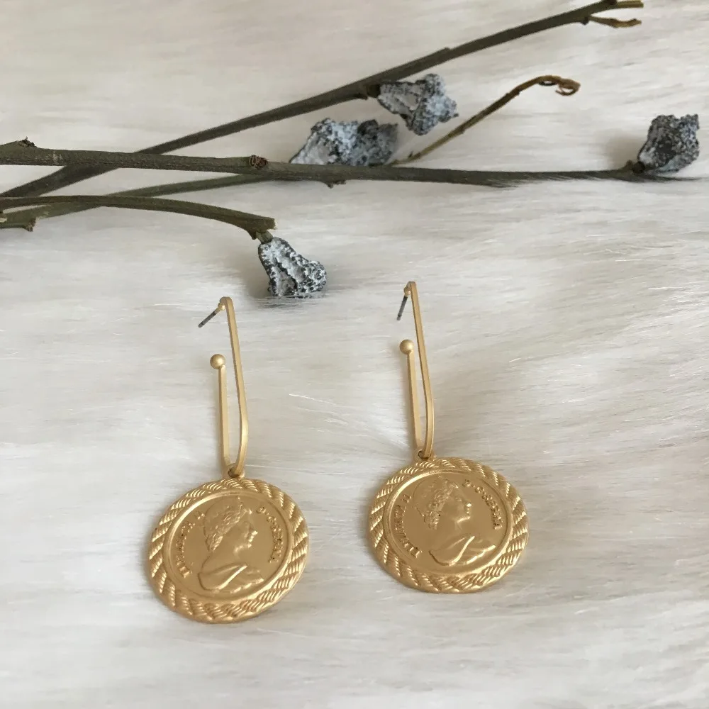 TRENDY EARRINGS   GOLD COLOR PLATING COIN MEDALLION DROP EARRING FOR WOMEN GIRL