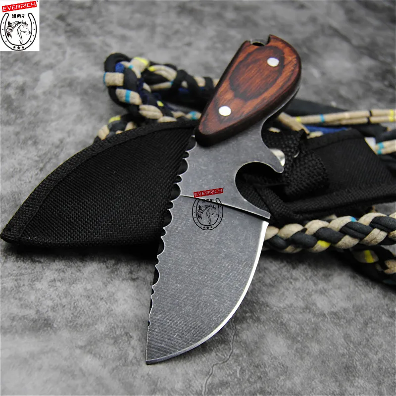 DEHONG Stone wash D2 steel Japanese straight knife, sandalwood handle outdoor hunting tactics straight knife + knife sleeve