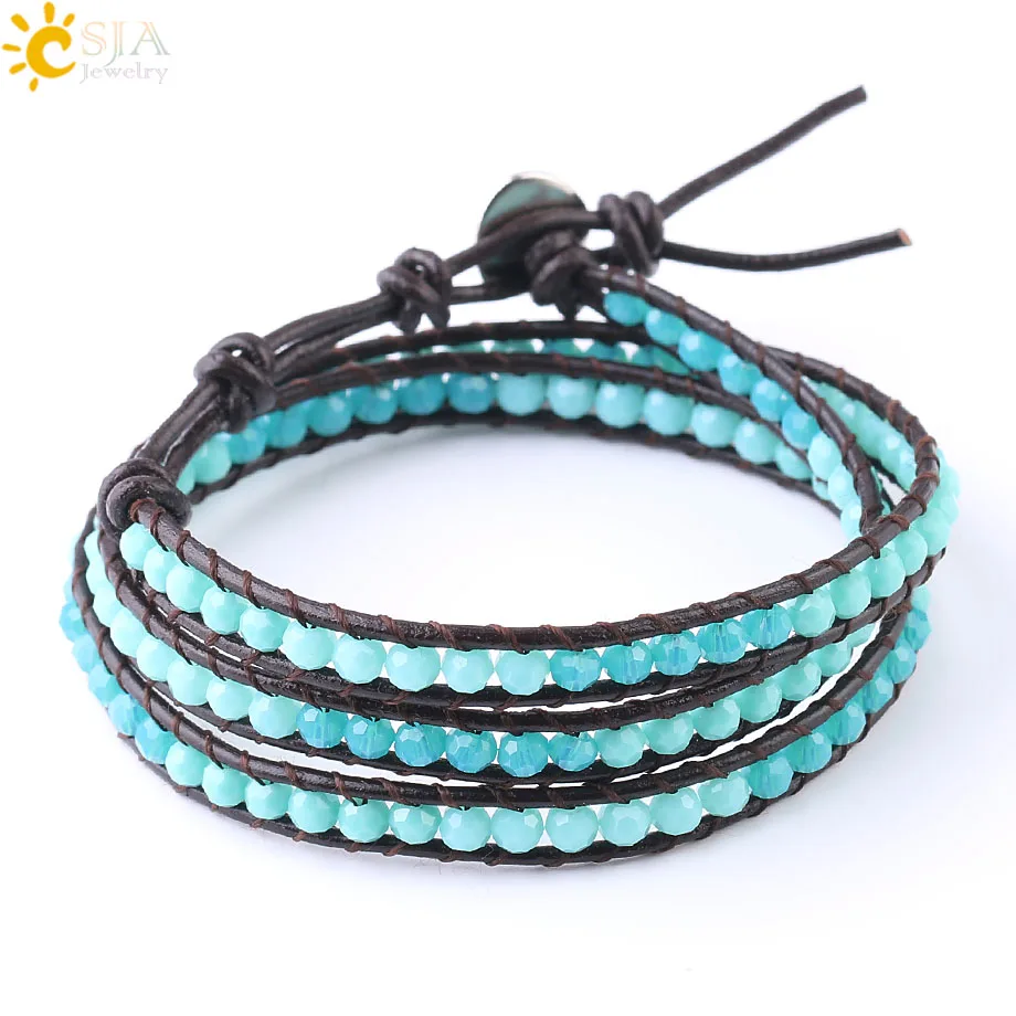 

CSJA Multicolor Wrap Leather Bracelet Faceted Glass Beads Bicone Crystal Triple Bracelets for Women Men Charm Jewelry S185