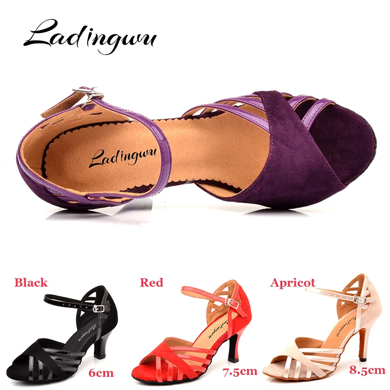 Ladingwu Latin Dance Shoes Women Suede And PU New Purple Salsa Party Ballroom Dance Shoes Cuba Heel 9cm ladies sneaker Dance