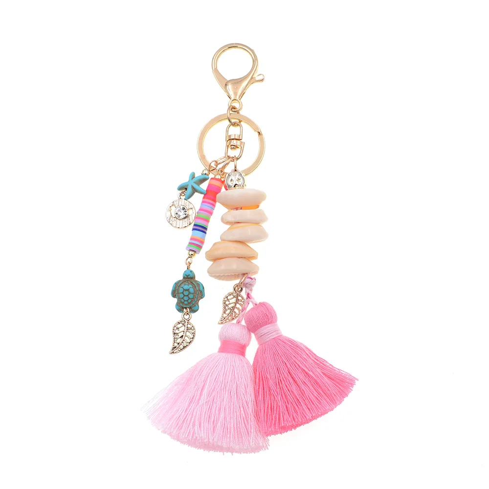 WELLMORE BOHO style keychain shandmade shell with long tassel alloy Key Chain For Women Girl Bag Keychain