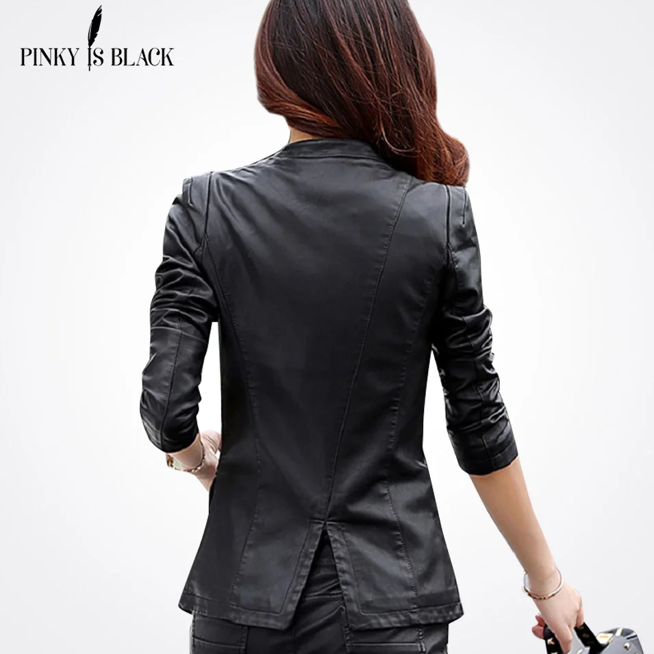 Pinky Is Black 2019 women clothing leather jacket medium-long slim red stitching leather jacket outerwear female casual jacket