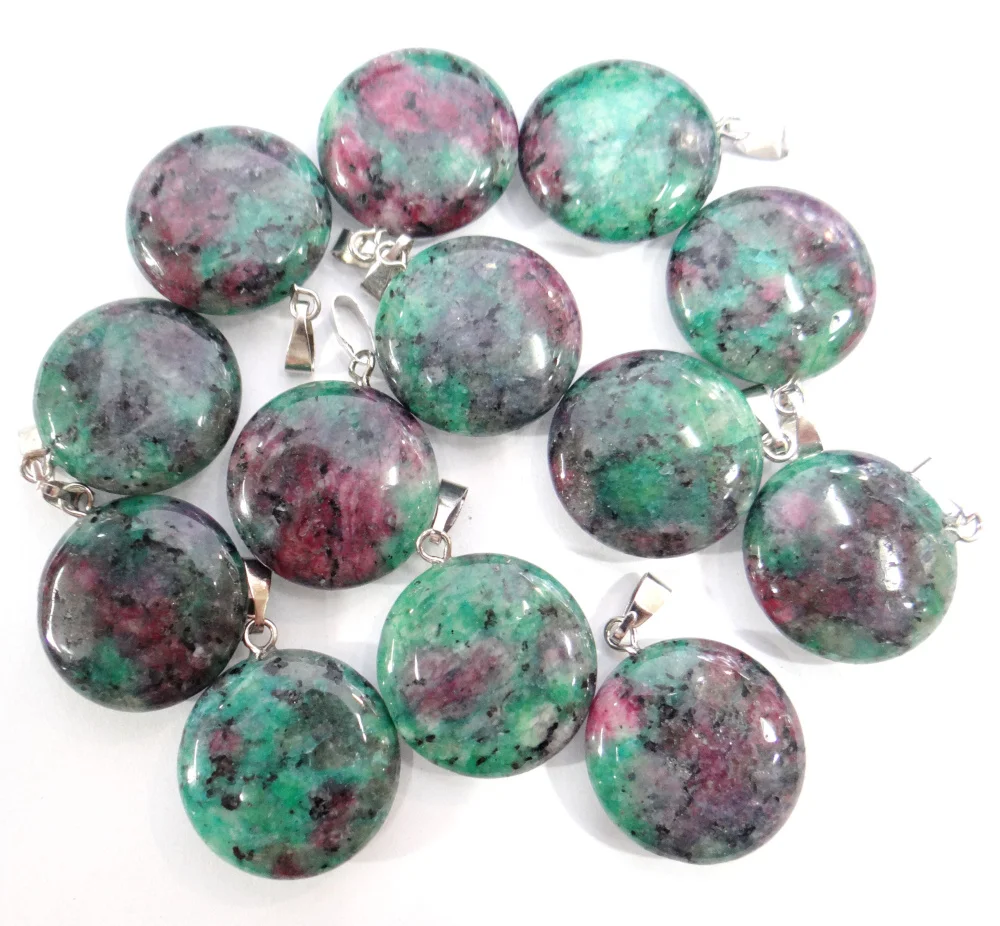 Wholesale Natural Stone Quartz Crystal tiger eye Unakite Mix Onyx Charms Round cake Pendants For Jewelry Making necklace 12PC