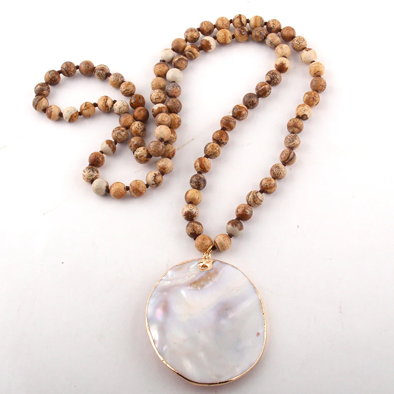 Fashion Natural stone Long Tiger Eye Knotted With Shell Pendant Necklace Women Lariat Necklaces