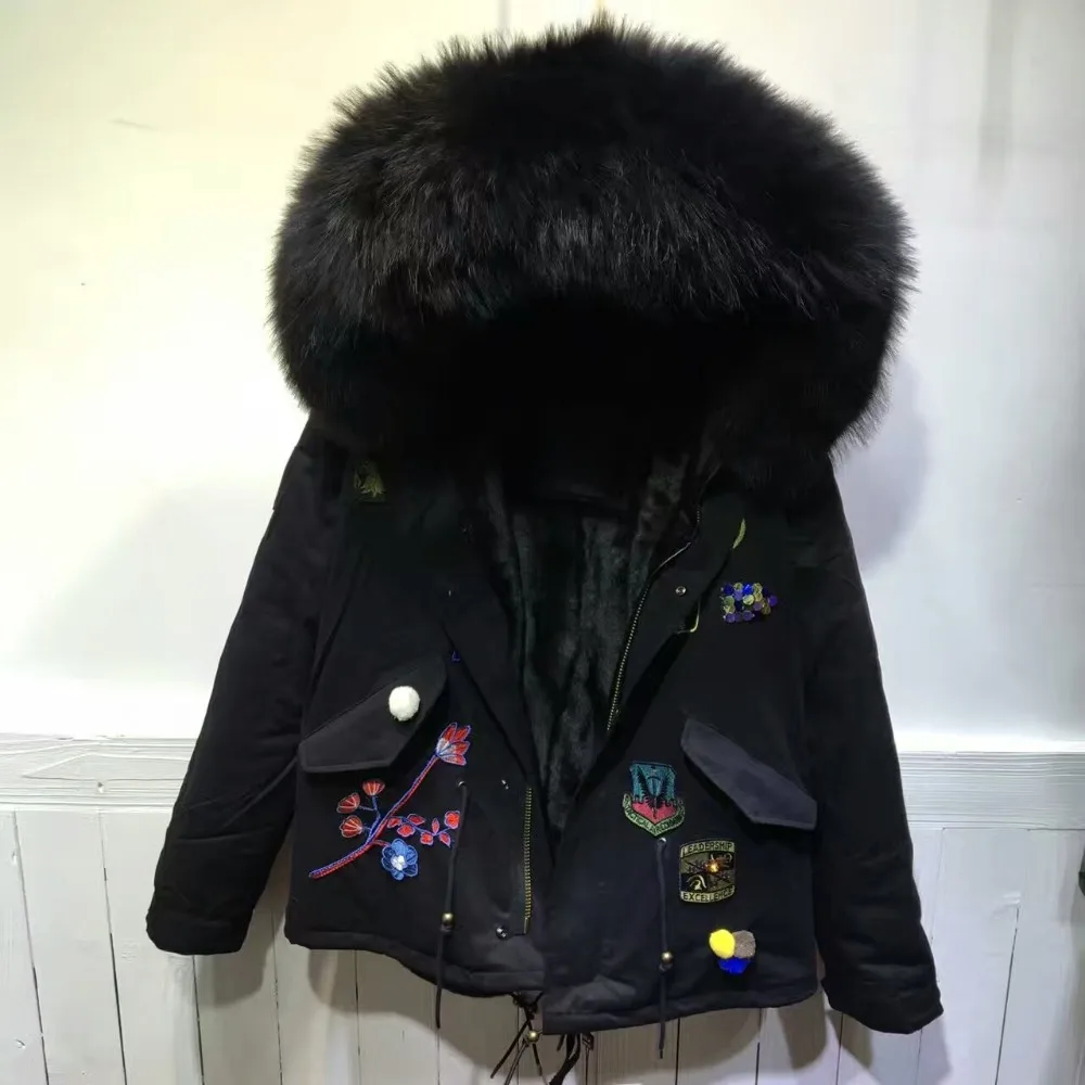 Black High Quality Embroidery Fur Parka Pure Cotton With Black Faux Fur Lining Overcoat Unisex Fitted Jacket