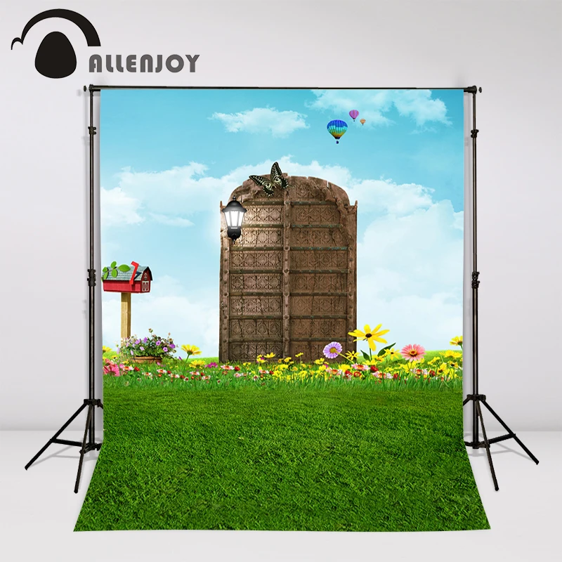 Allenjoy photography background Magic Gate Grass Meadow flower Butterfly Blue Sky fire balloons for photo studio