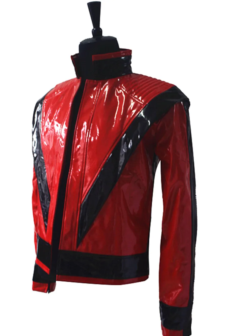 Rare MJ Michael Jackson Red PU Leather This is it Thriller Jacket PUNK Skinny Outwear Motorcycle Style