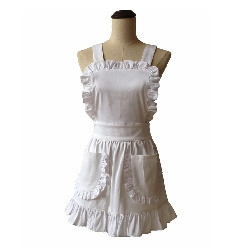 Women Kitchen Apron White Cotton Japanese Style Elegant Ruffled Adult Cosplay Avental Tablier de Cuisine Pinafore Short Apron