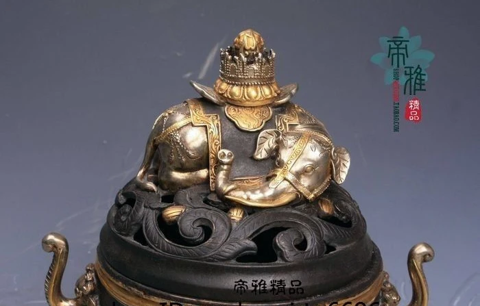 Chinese Buddhism Copper 24K Gold Gild Silver-gilt Elephant Incense Burner Censer