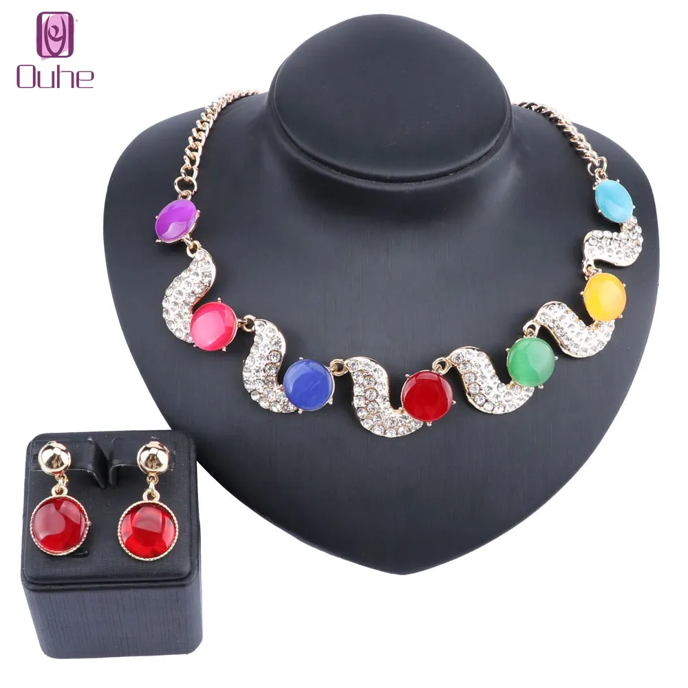 

Women Cat's eye Crystal Statement Necklace Earring Bride Wedding Party Gift Jewelry Set