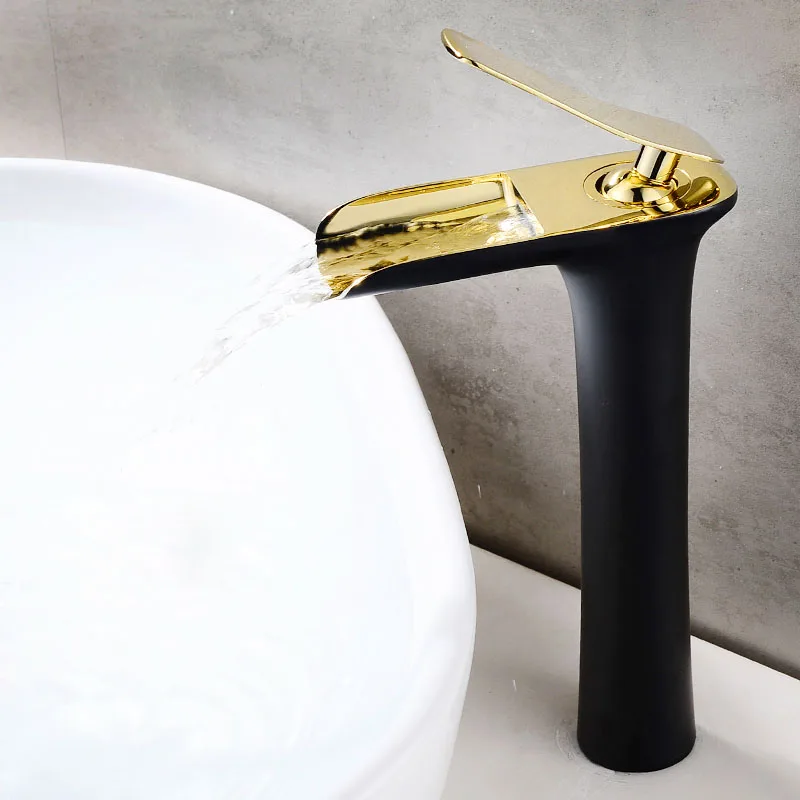 

Bathroom Basin Faucet Black and gold Brass Sink Waterfall faucet Single Hole Cold Hot Water Tap Basin Faucet Mixer Tap Torneira