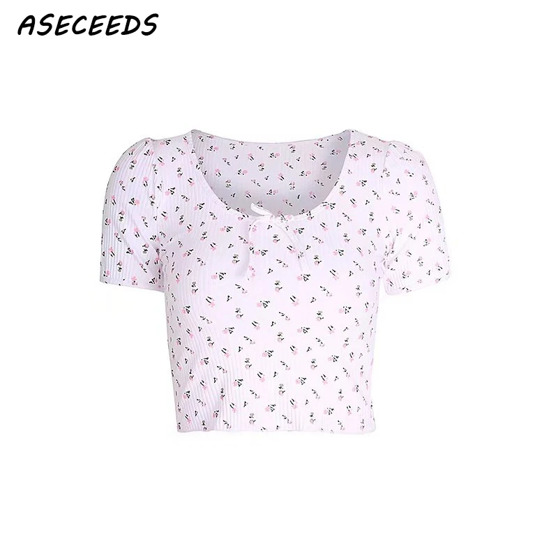 Summer 2021 women tops lady crop top t -shirt o neck short-sleeve bow streetwear casual beach party floral print shirts white