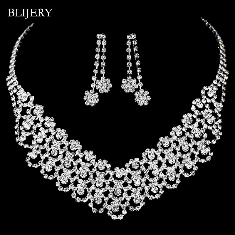 BLIJERY Gorgeous Crystal Statement Choker Necklace Earrings Set for Women Silver Color Rhinestones Bridal Wedding Jewelry Sets