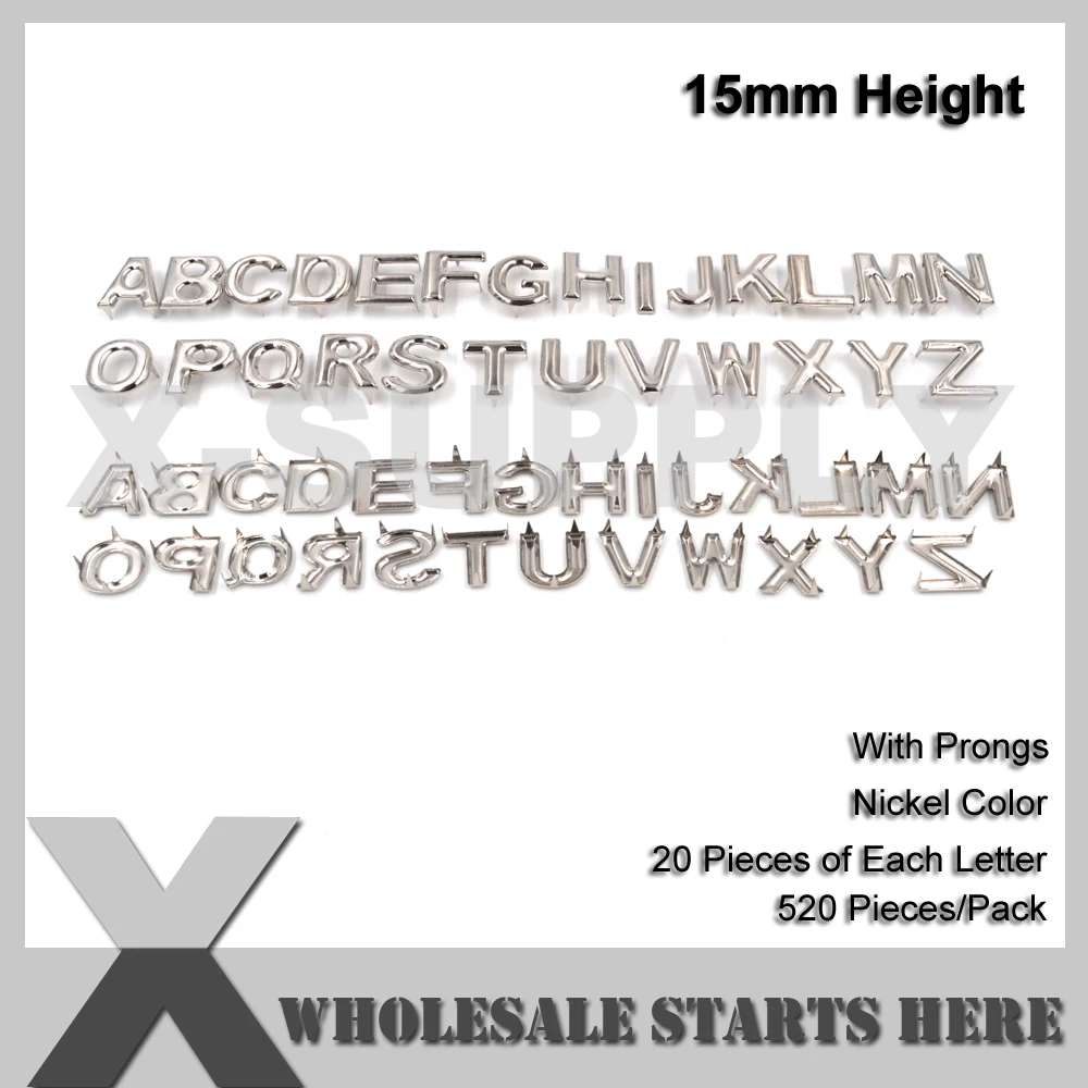 Diy punk metal carta studs com dentes para artesanato de couro/saco/sapato/roupas, 26 letras em estoque