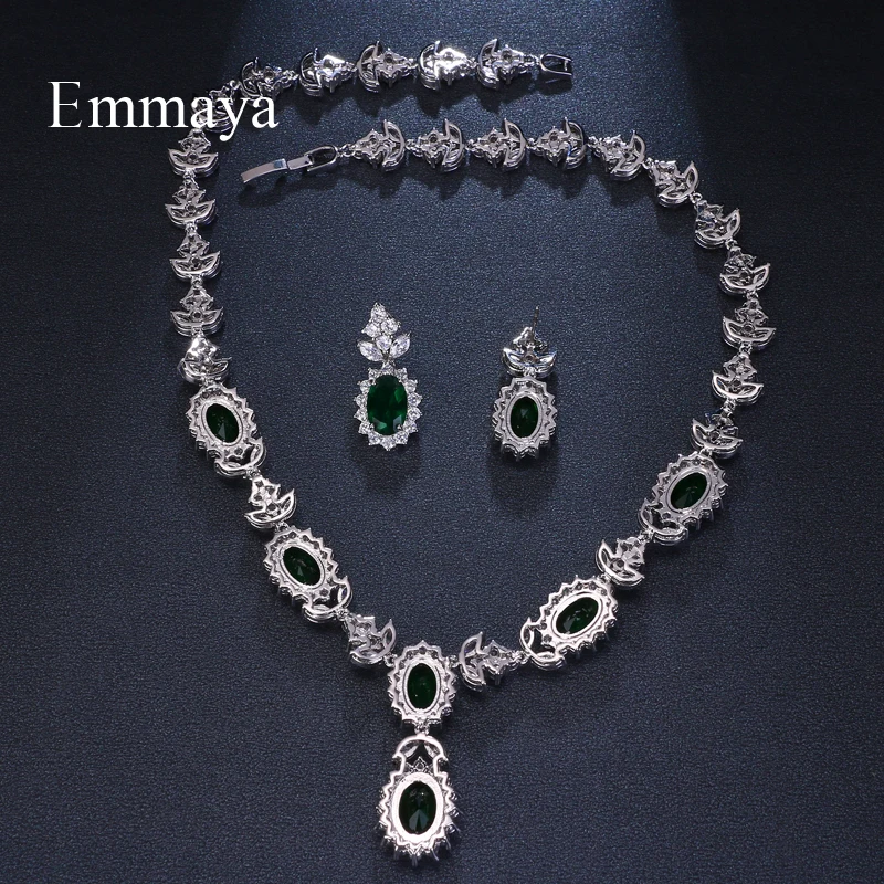 Emmaya Brand Fashion Luxury Cubic Zirconia Bridal Jewelry Sets Green Oval Crystal Rhinestone Party Wedding Jewelry Necklace Sets