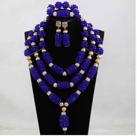 Dubai Gold Bridal Jewellery Set New Royal Blue Wedding African Beads Jewelry Set Blue Crystal Beaded Pendant Necklace Set ABH776