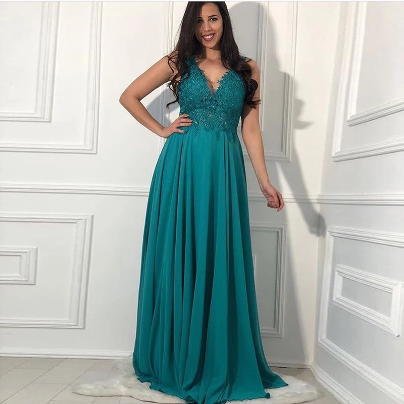 Robe De soirée Turquoise, col en v, sans manches, longue Robe De bal, ligne a, pour femmes