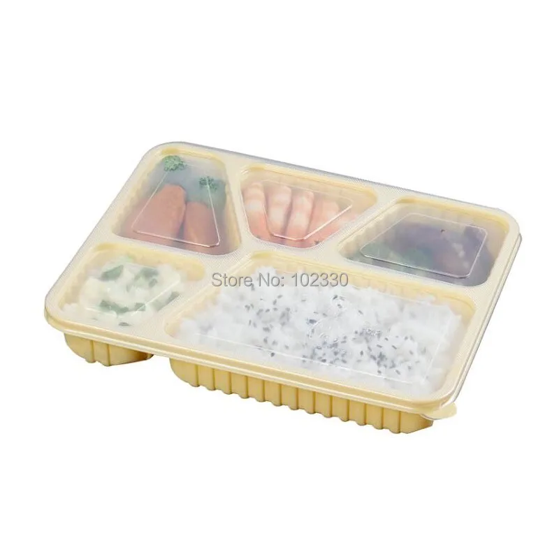 

200Sets Food Grade PP Material Food Container High Quality Disposable Bento Box 5 Compartment With Lids