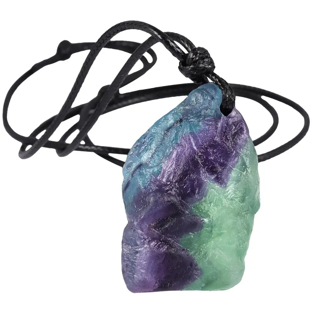 

TUMBEELLUWA Natural Rough Fluorite Stone Pendant Necklace,Irregular Gemstone With Adjustable Cord For Men Women Jewelry