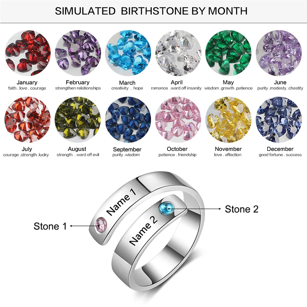 Personalized Birthstone Ring Engraved 2 Name Custom Promise Ring Anniversary Jewelry Gift for Women and Couples  (Lam Hub Fong)