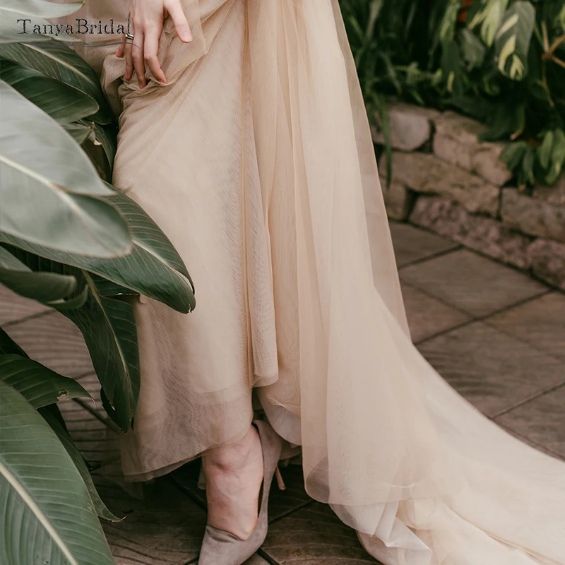 Vestidos De novia De tul champán Apliques De encaje una línea vestidos De novia romántico único bohemio Vestido De Noivas DW126