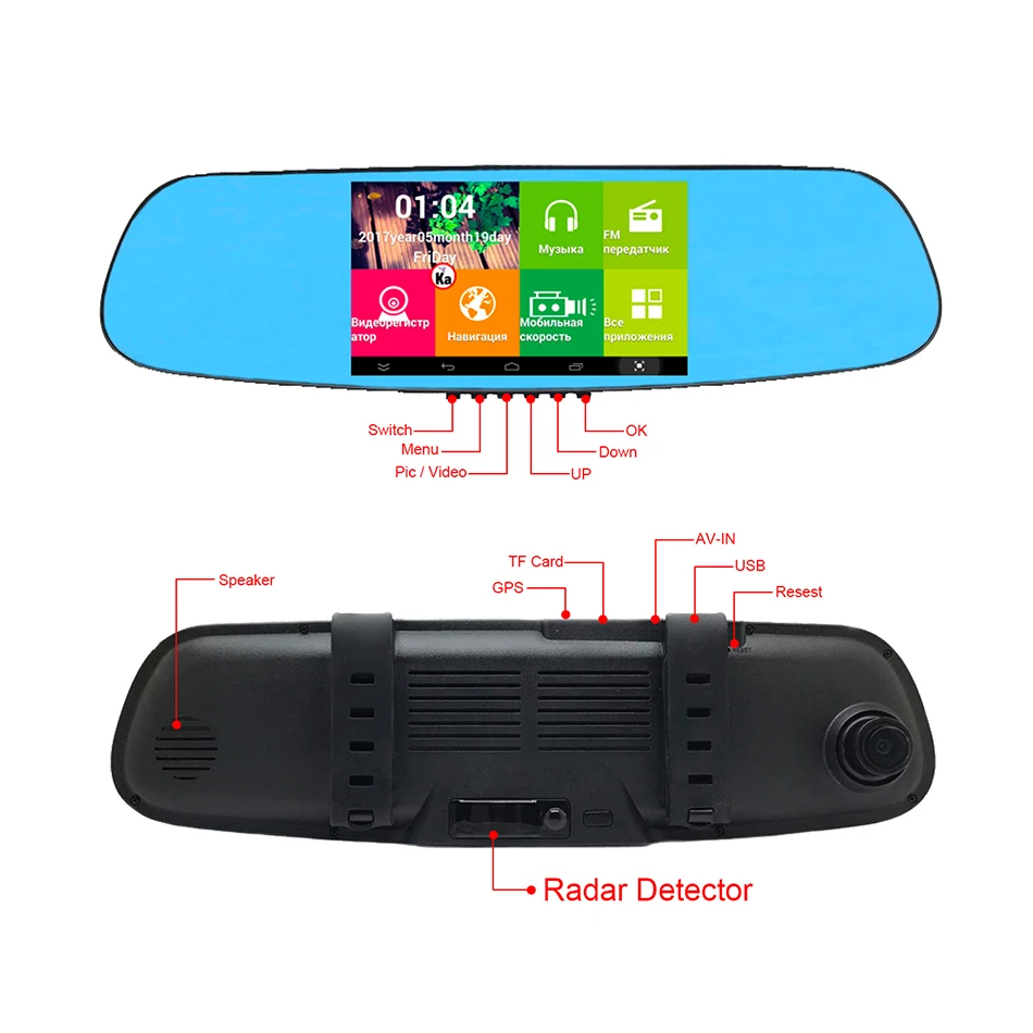 5.0 "IPS سيارة مرآة الرؤية الخلفية DVR داش مسجل فيديو 3 في 1 أنطو راد كاشف نظام تحديد المواقع والملاحة كامل HD 1080p المزدوج عدسة المسجل