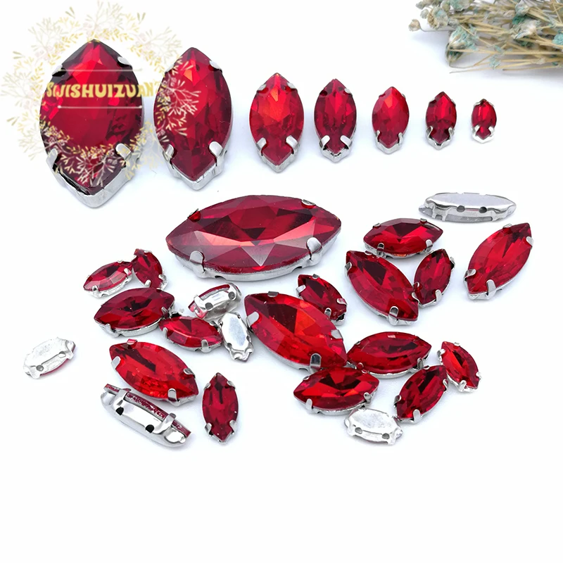 Silver Claw Setting 30pcs/Bag Red Horse Eye Shapes Mix Clear Gass Crystal Sew On Rhinestone Wedding Dress Shoes Bag Diy Trim