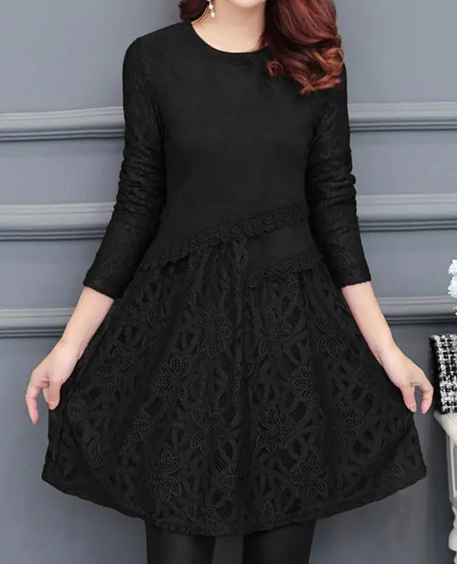 Spring Autumn Basic Mini Dress Hot Sales Women Fashion Temperament Lady Patchwork Hollow Out Lace Mini Dress 1219