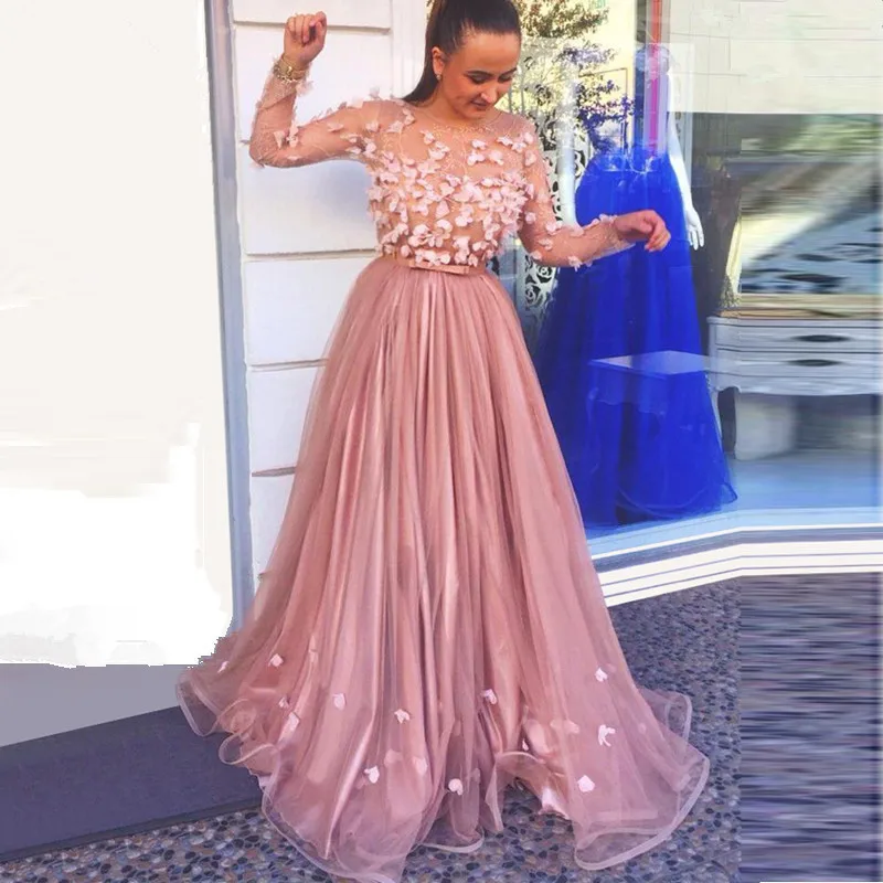 

Blush Muslim Evening Dresses A-line Long Sleeves Tulle Flowers Elegant Islamic Dubai Saudi Arabic Long Formal Evening Gown