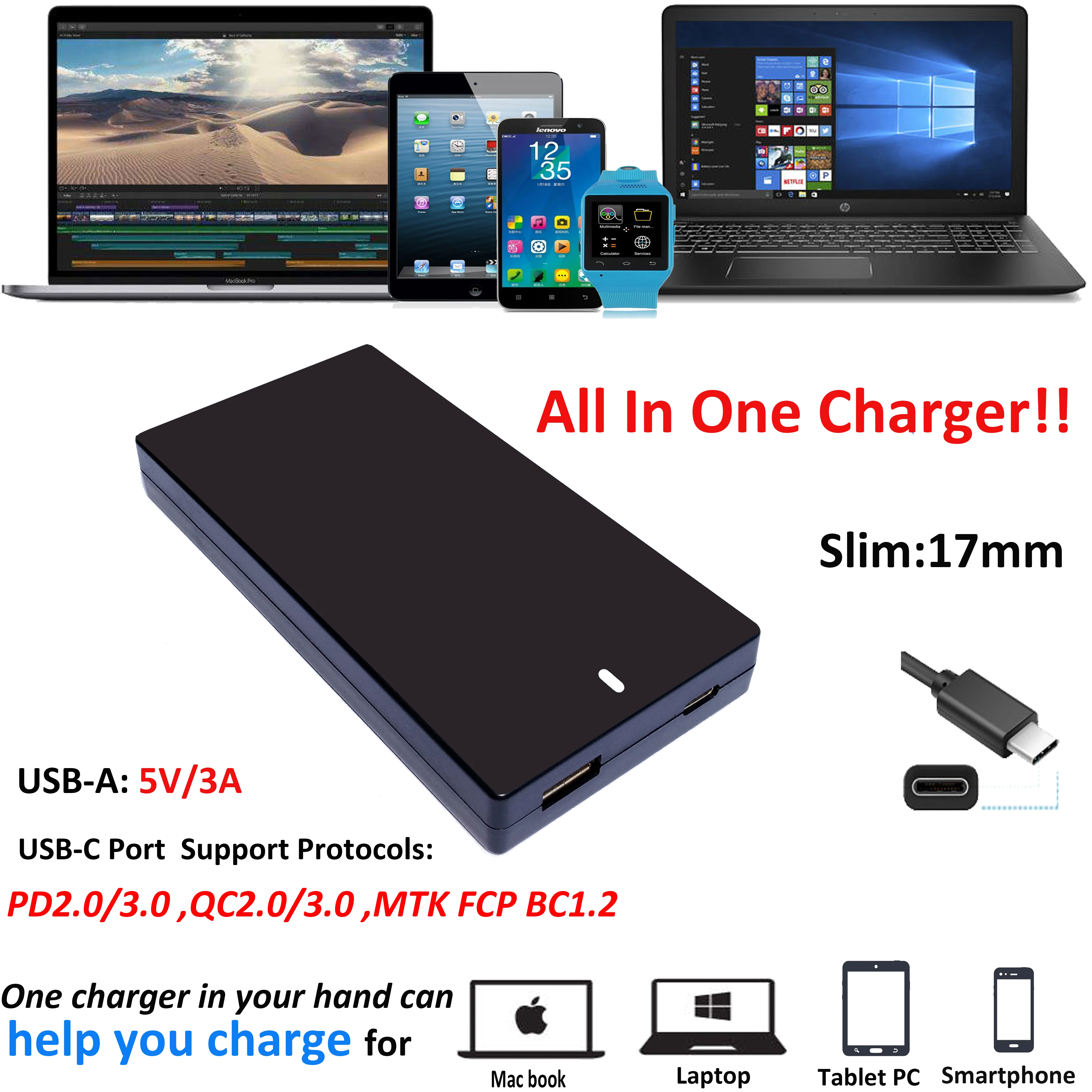 

Slim Universal Laptop Charger With USB Type-C USB C Phone Tablet Notebook Adapter USB-C Laptop Charger For Mac book Pro HP