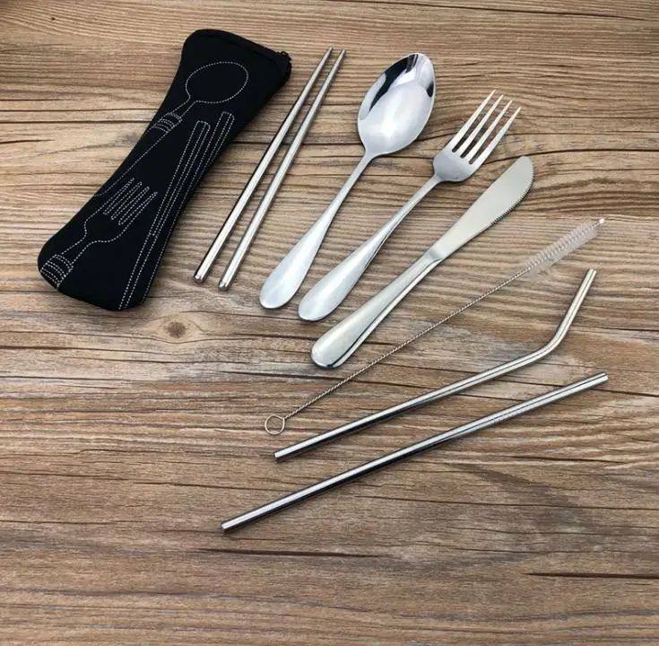 100sets Portable Flatware Set Reusable Stainless Steel Fork, Knife, Spoon, Chopsticks, Juice Straw and Cleaning Brush SN1115