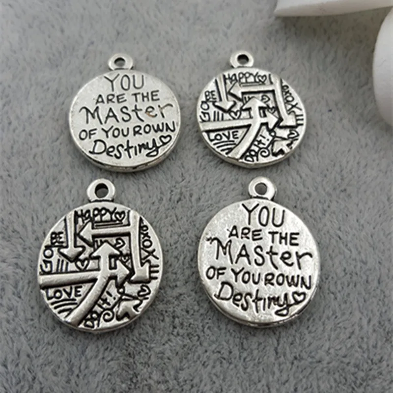 High Quality 20 Pieces/Lot 16mm*20mm Letter Engraved You Are The Master Of Your Own Destiny Round Disc Quote Message Charm