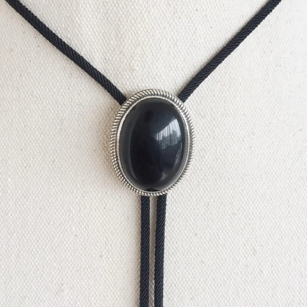 New Vintage Sterling Silver 925 Nature Black Obsidian Stone Oval Wedding Bolo Tie Necklace BOLOTIE-S069